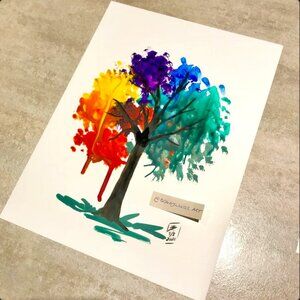 Rainbow Tree Original Artwork - Liquitex Acrylic Ink Painting watercolour